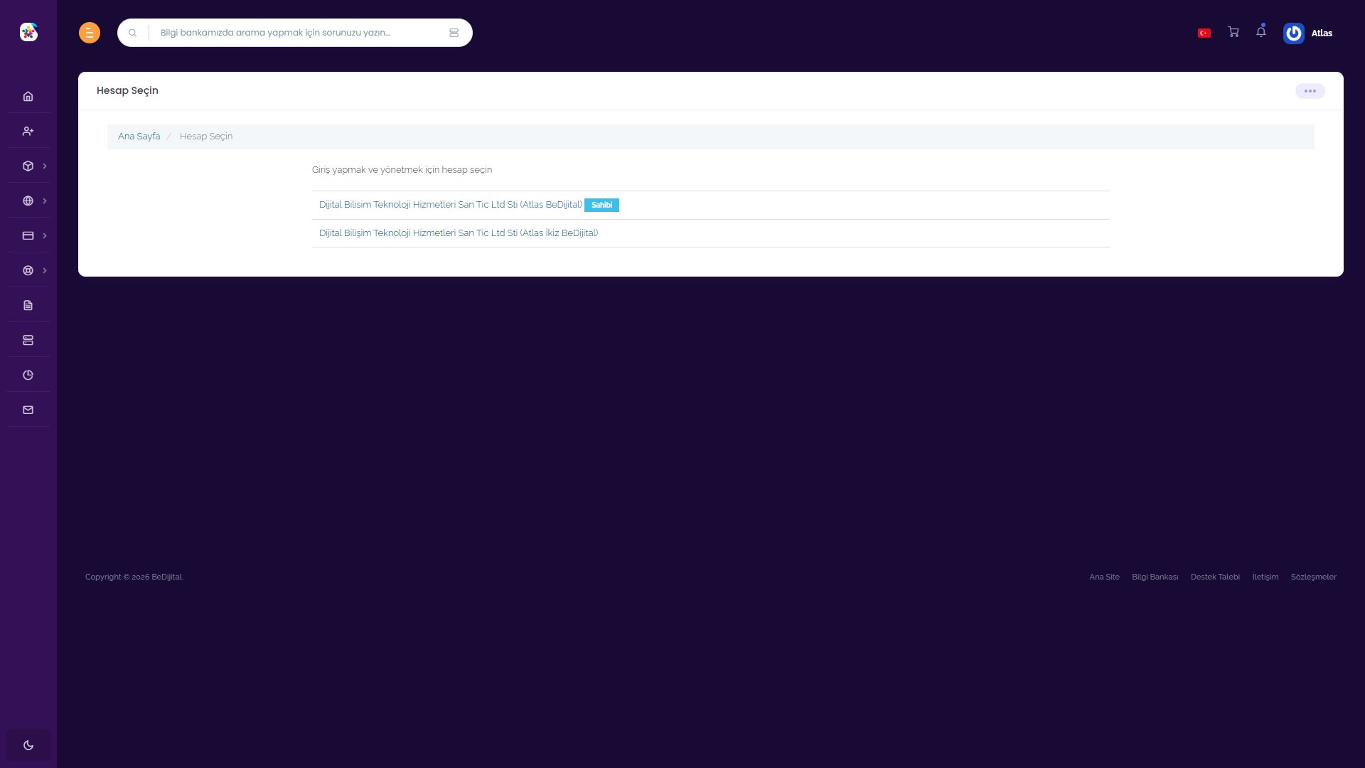 BeDijital Hesap Seçin ekranında aynı kullanıcıya bağlı iki test hesabı