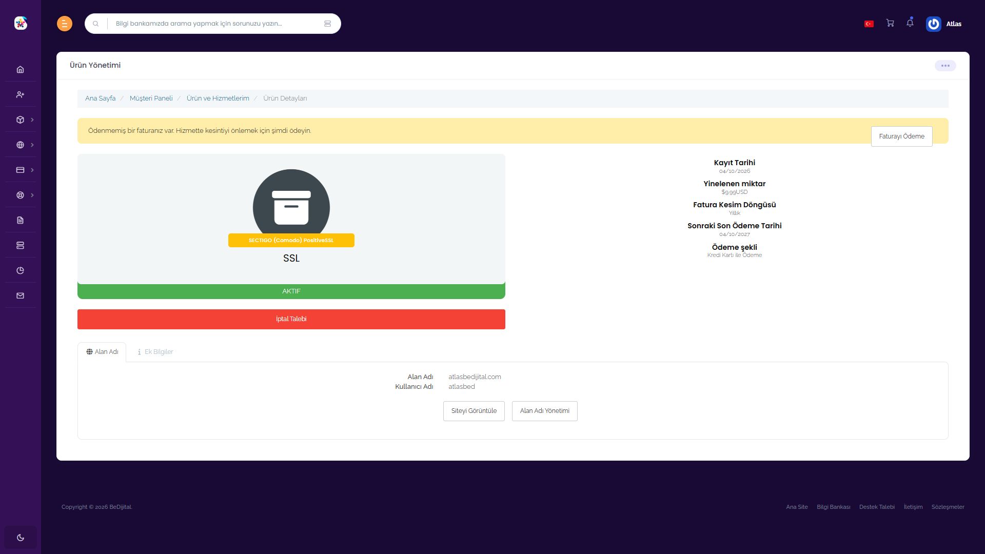 BeDijital SSL hizmetinin ürün yönetim bilgileri