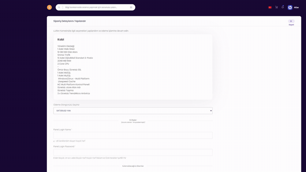 BeDijital hosting siparişi yapılandırma ekranı.