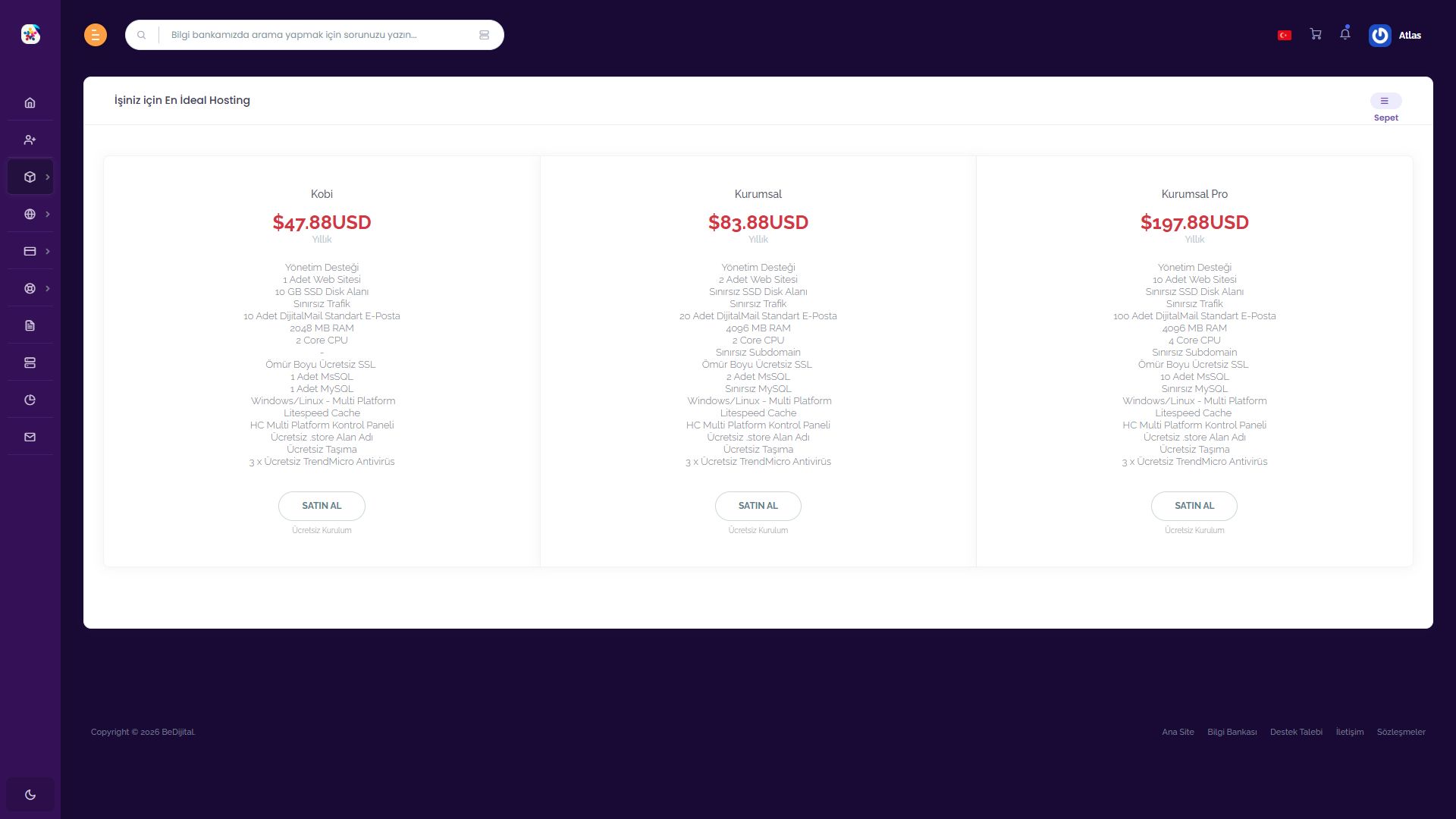 BeDijital hosting ürünleri ve Satın Al düğmeleri