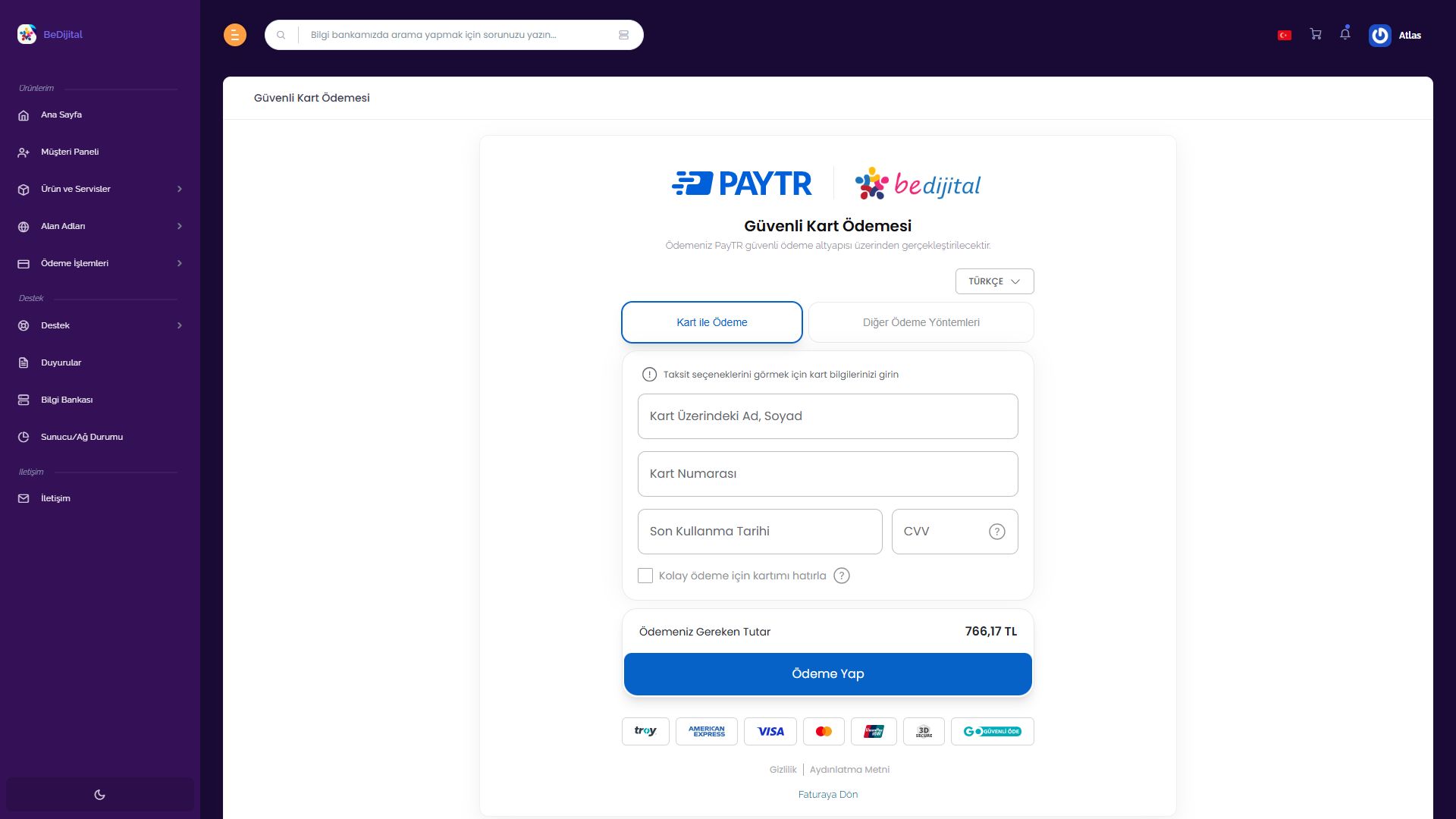 BeDijital PayTR Güvenli Kart Ödemesi formunda boş kart alanları