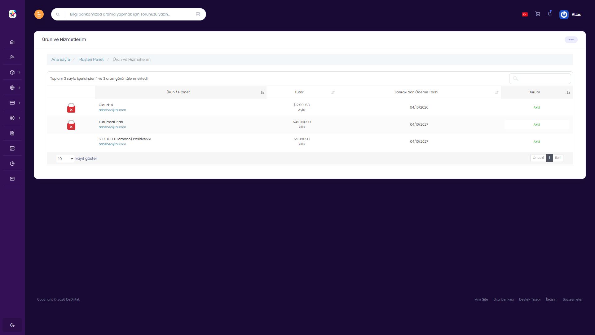 BeDijital hosting, VDS ve SSL hizmetlerinin listesi