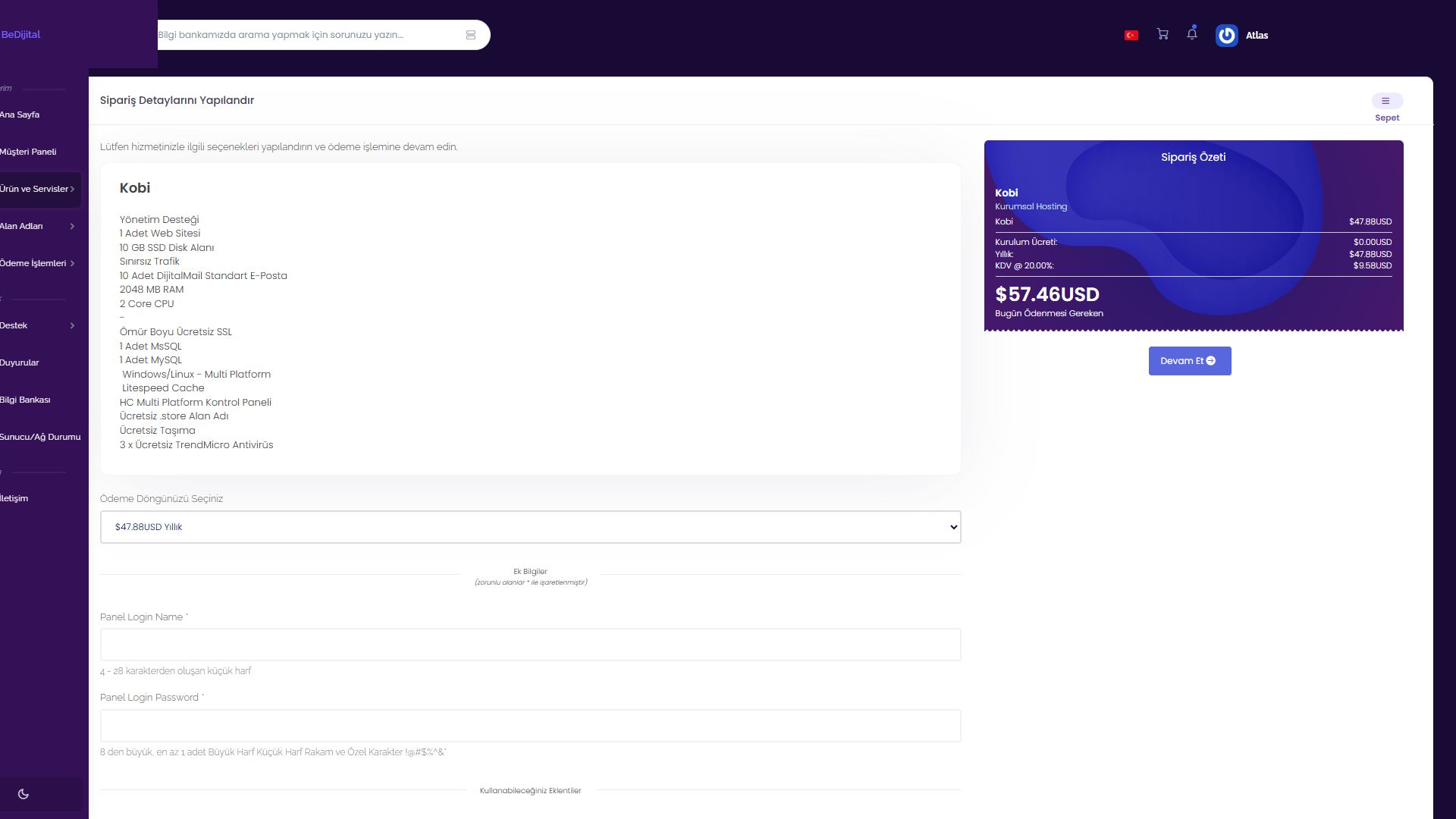 BeDijital hosting siparişinde ödeme döngüsü, zorunlu panel alanları ve sipariş özeti
