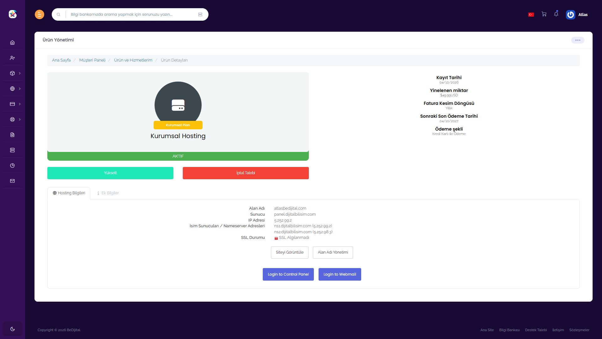 BeDijital Kurumsal Hosting Ürün Yönetimi ekranında Yükselt bağlantısı