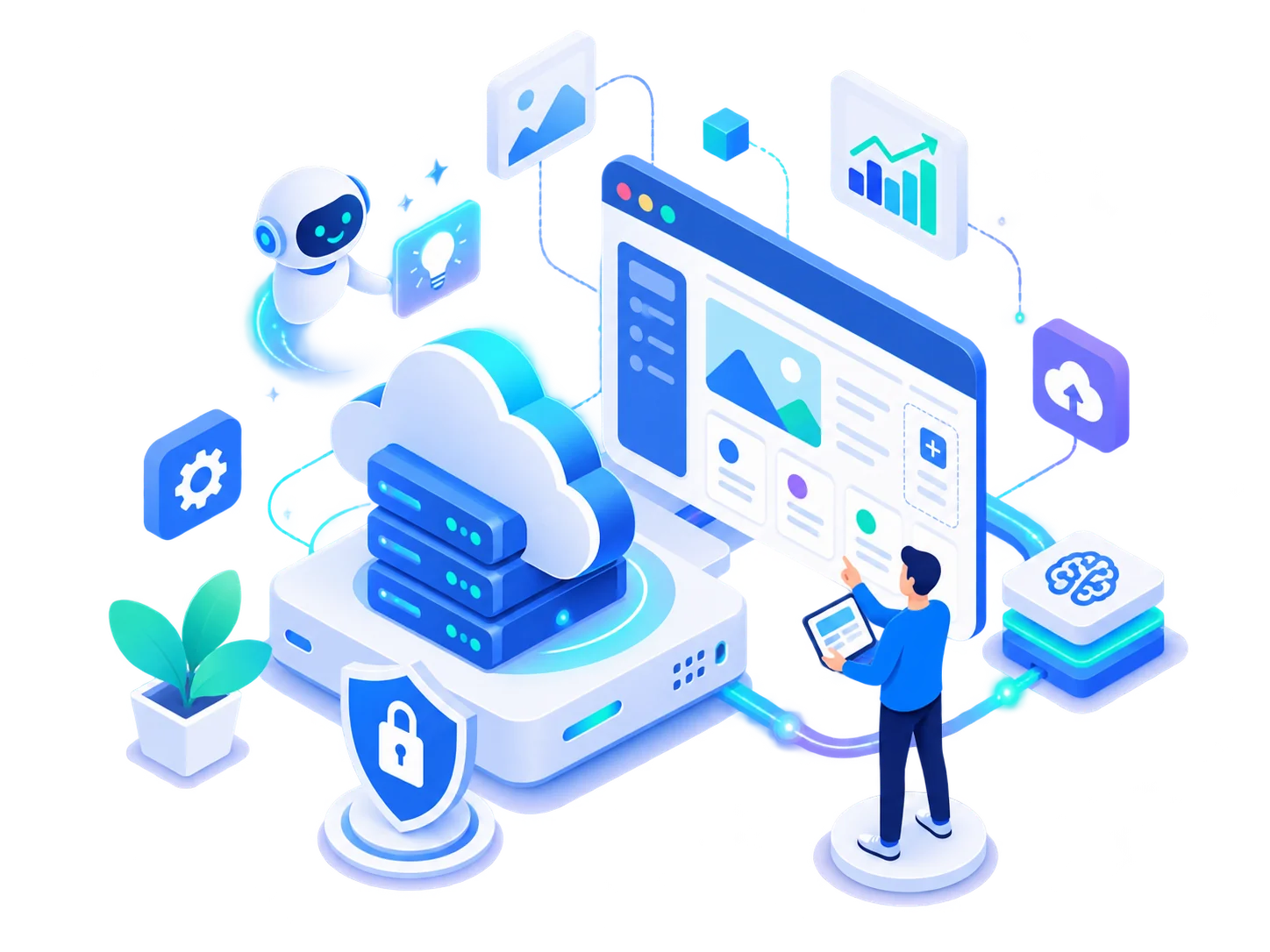 Yapay zekâ destekli WordPress ve hosting altyapısı görseli